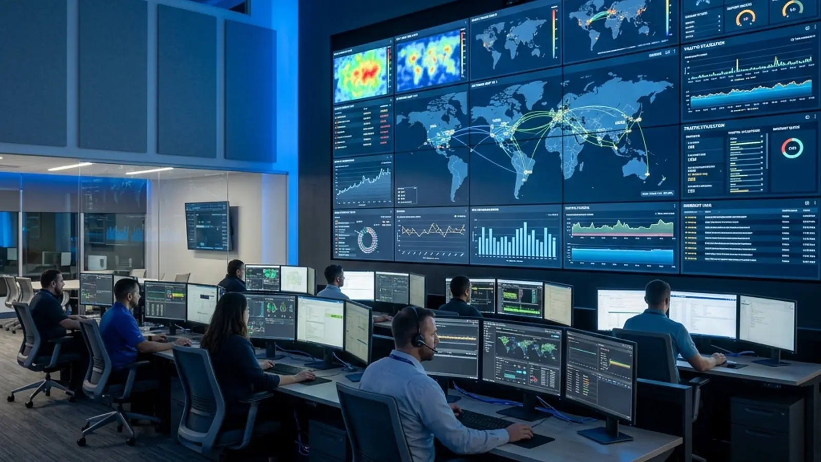 Modern Network Operations Center with monitoring screens