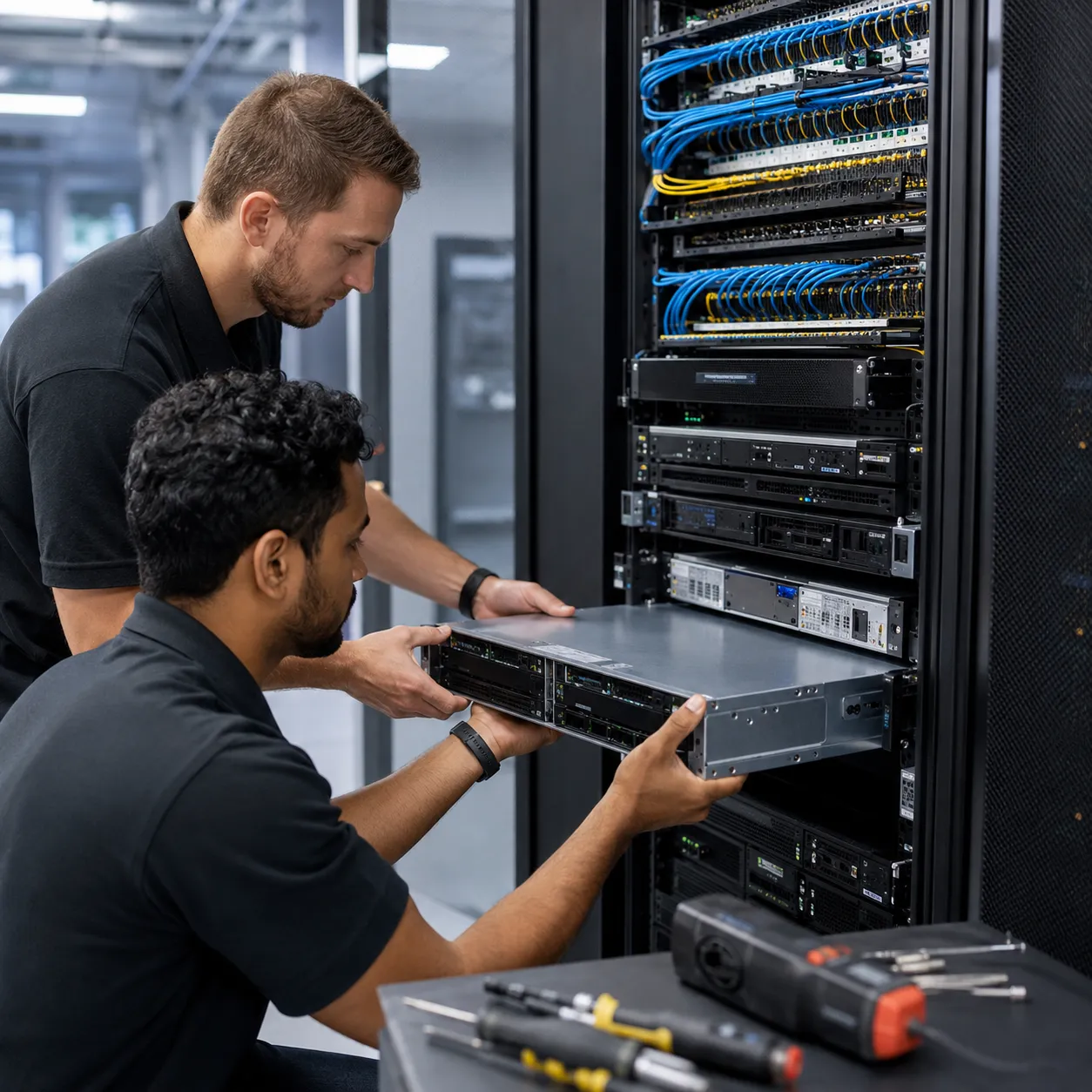 Field technician working on network rack